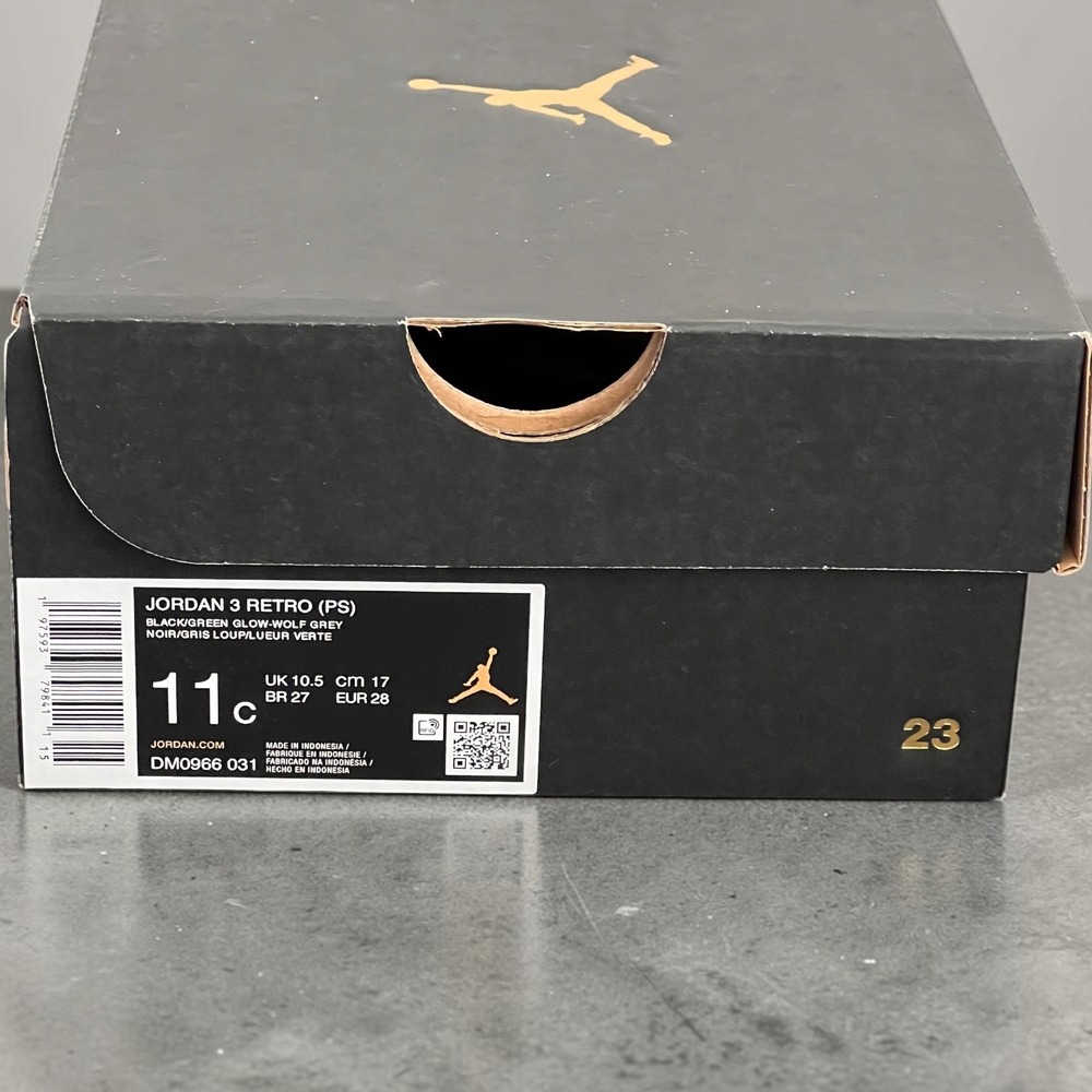 Jordan 3 Retro PS Green Glow Black Wolf Grey DM0966-031 Size 11C Kids Sneakers - Picture 12 of 14